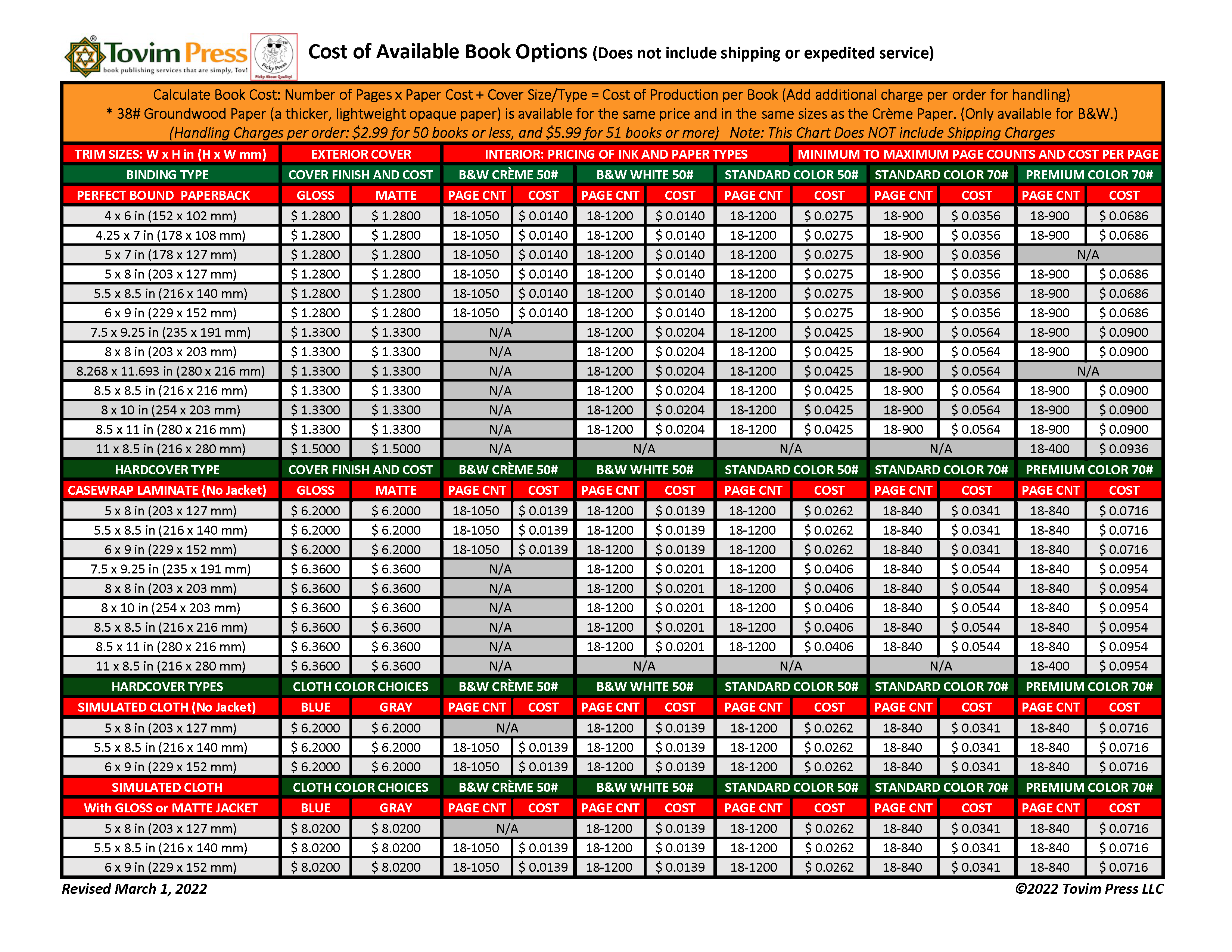 Tovim Press and Picky Book Options Price Sheet